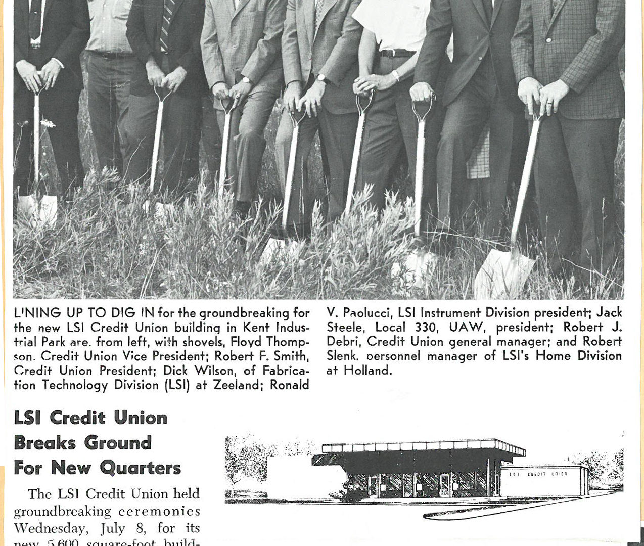 Newspaper article featuring LSI Credit Union as they begin work on their new office (2nd from the right, Robert J. Debri). 