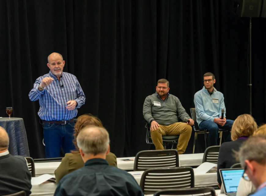 CU*Answers CEO Randy Karnes (left) is joined on stage by CU*Answers VPs Ken Vaughn (center) and Kristian Daniel (right), leaders of the Mobile Technologies Group. 