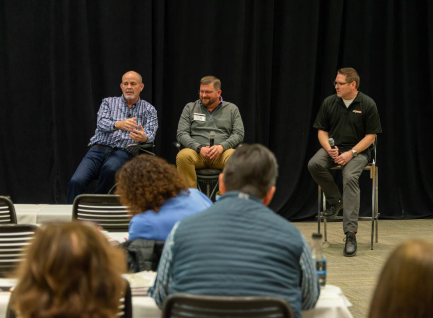 CU*Answers CEO Randy Karnes (left) is joined on stage by CU*Answers VP of Mobile Technologies Group Ken Vaughn (center) and VP of Marketing Services & Creative Director David Damstra. 