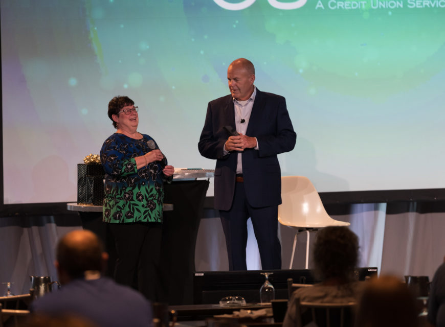 Karnes recognizes Debie Keesee, CEO of Spokane Media FCU, as this year's recipient of the Robert H. Mackay Leadership award. 